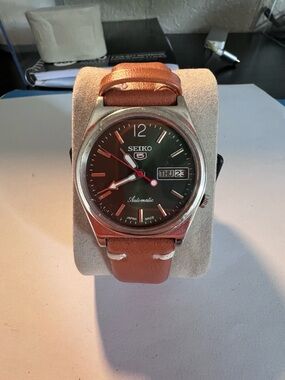 Seiko Black Dial Watch with Brown Leather Strap